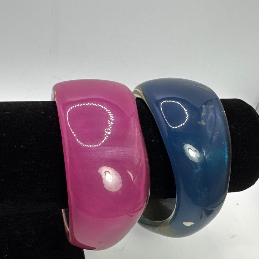 Vintage Chunky Resin Bangle Bracelet Set Navy Blue Magenta Pink Glossy Wide 2pc